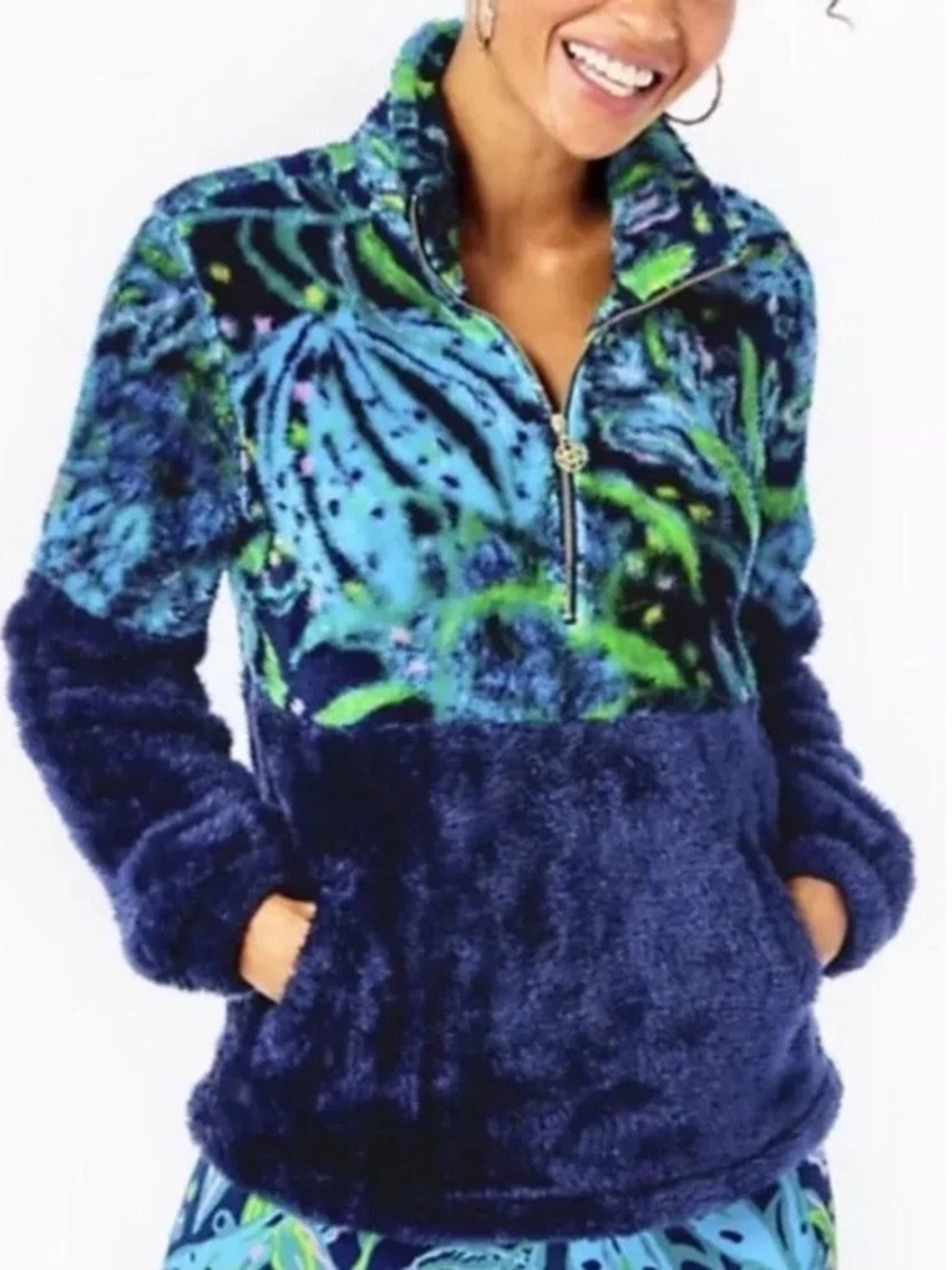 Lilly Pulitzer Keala Sherpa Popover Top Hoodie Low Tide Navy Catty Medium